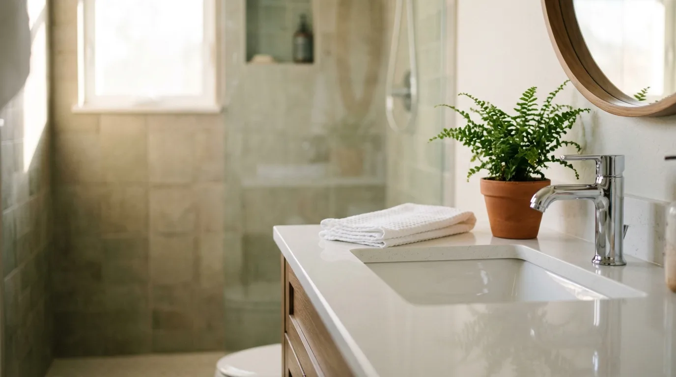 A white quartz bathroom vanity shot at counter height from the left, polished chrome faucet and clean white basin in the right half of frame