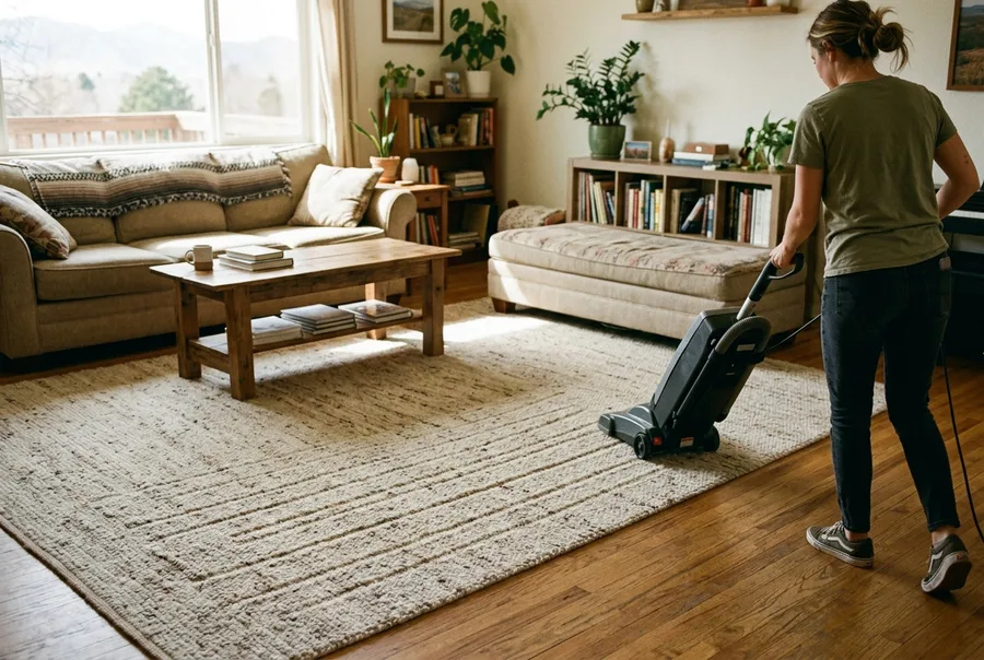 Medium shot of fresh vacuum lines across a wool rug in a lived-in living room, the back of a person pushing an upright vacuum out of frame a