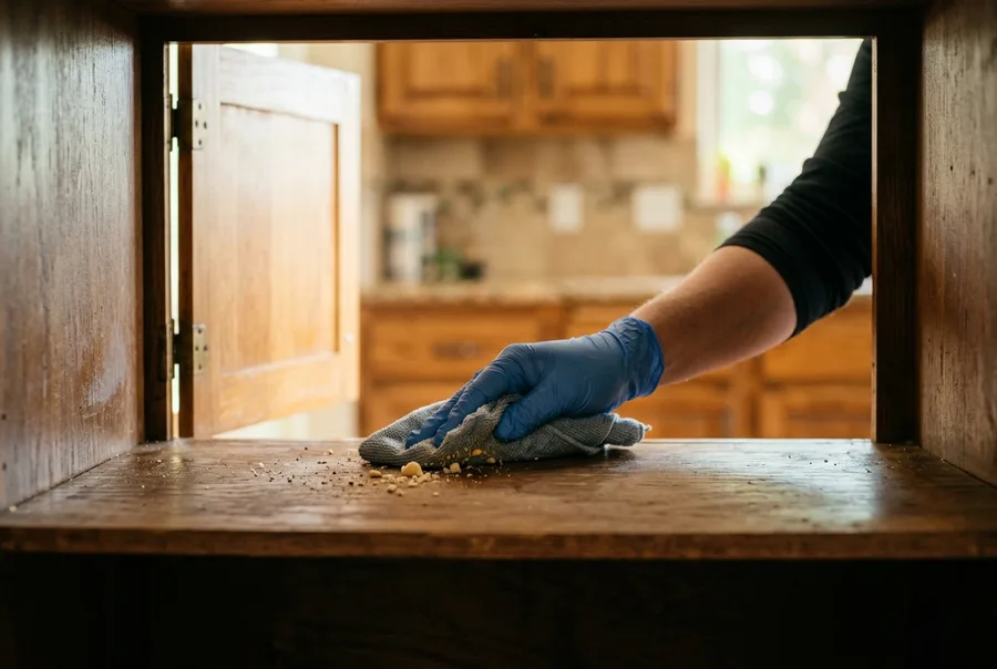 Detail of a gloved hand wiping out the inside of an empty kitchen cabinet, bare shelf, crumbs gathering in the cloth