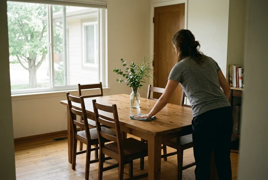 Wide view of a dining room before guests, a person from behind wiping down a wood table, chairs pushed in, a clean glass vase centered