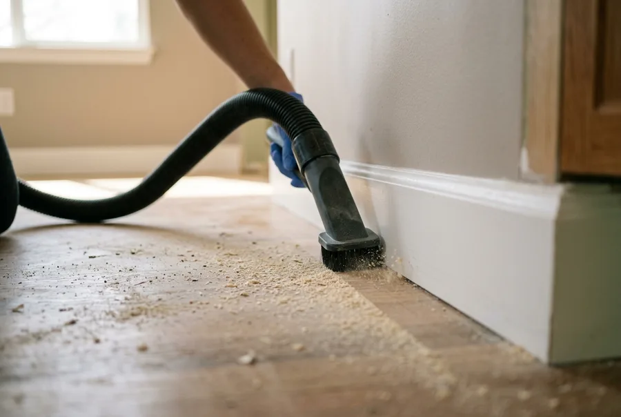 Detail of a small vacuum nozzle running along a new white baseboard, pale sawdust and drywall grit lifting off the floor