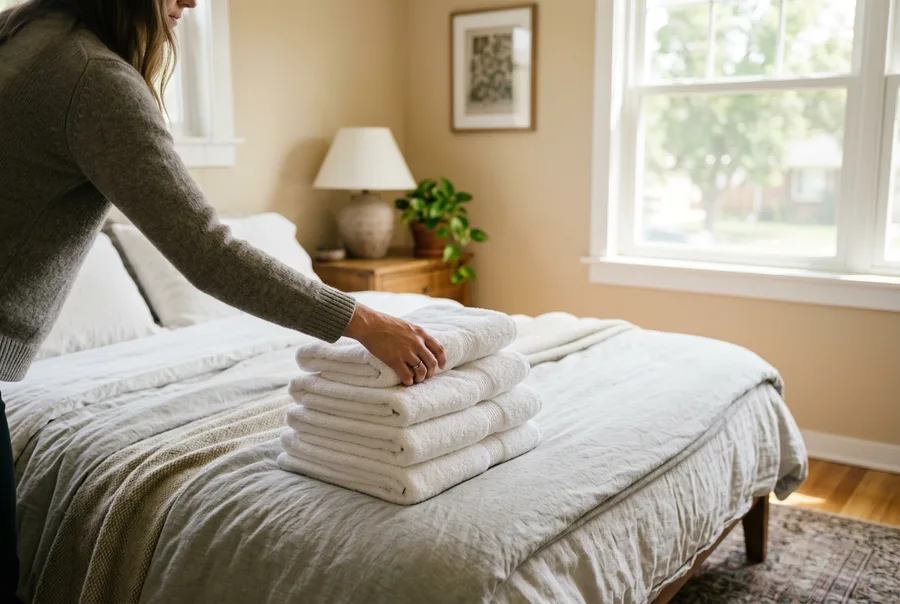 Detail of a stack of folded white bath towels set at the foot of a freshly made bed, a hand placing the top towel, the rest of the room soft